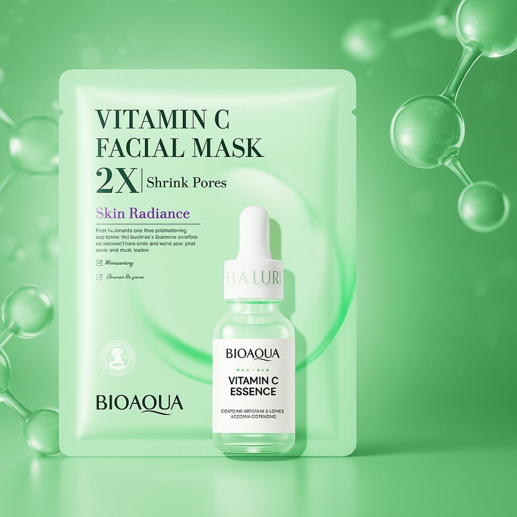 Masque facial BIOAQUA à la vitamine C pour resserrer les pores et illuminer la peau, packaging vert.
