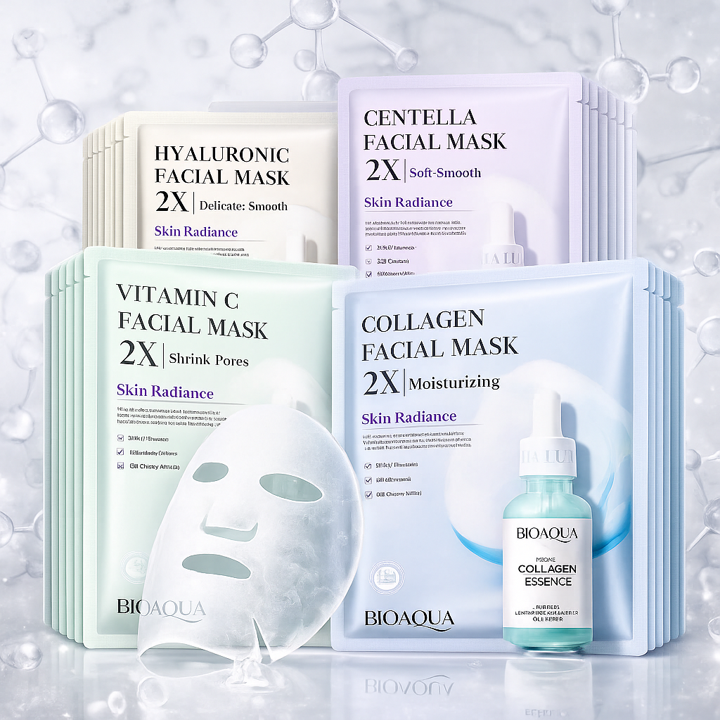 Ensemble des masques BIOAQUA hydratants et raffermissants incluant collagène, vitamine C, centella et acide hyaluronique.