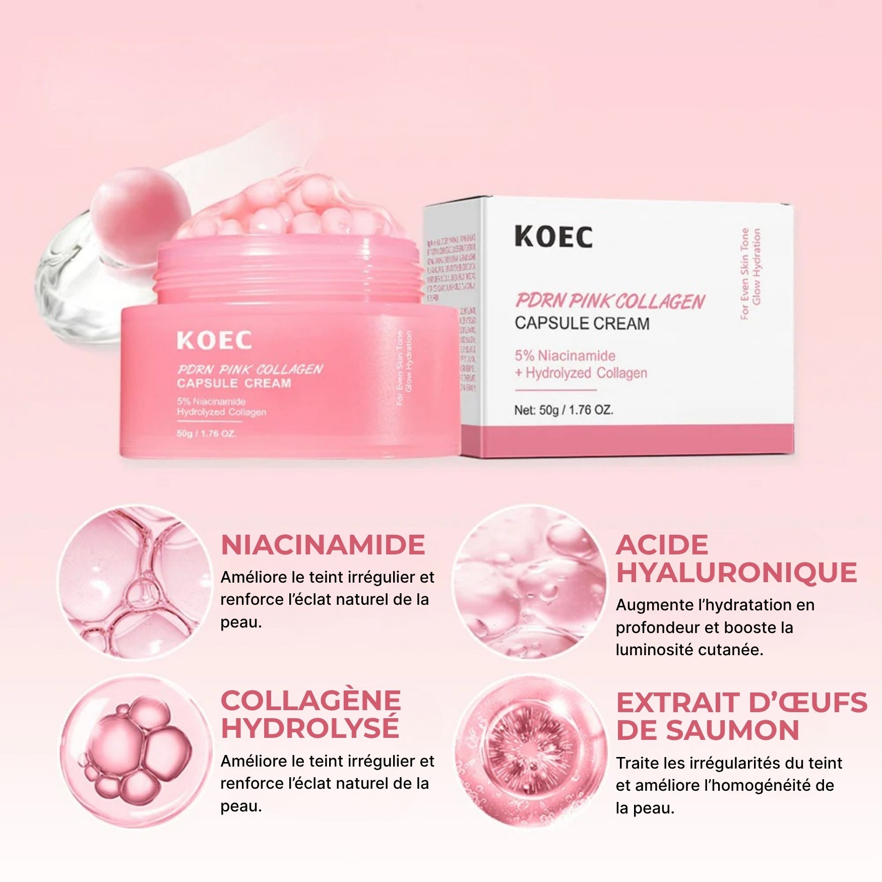 Niacinamide 5%, acide hyaluronique et collagène hydrolysé pour améliorer teint, hydratation et fermeté