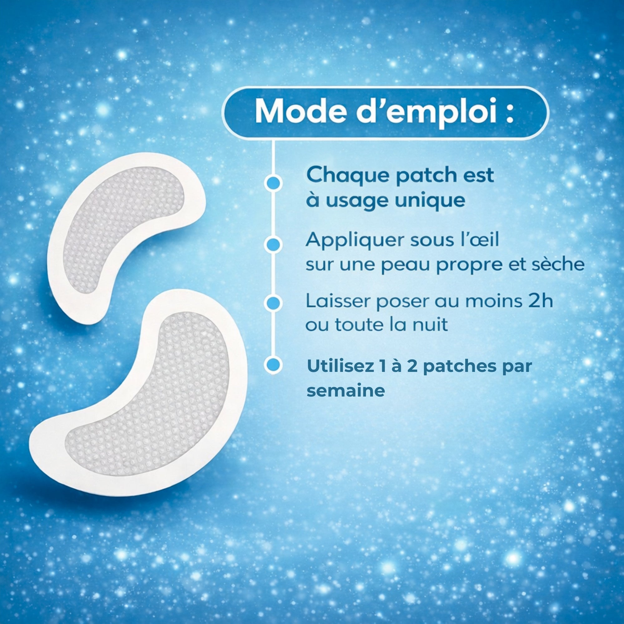 Guide d’utilisation des patchs yeux micro infusion montrant les étapes clés pour un soin efficace et confortable.