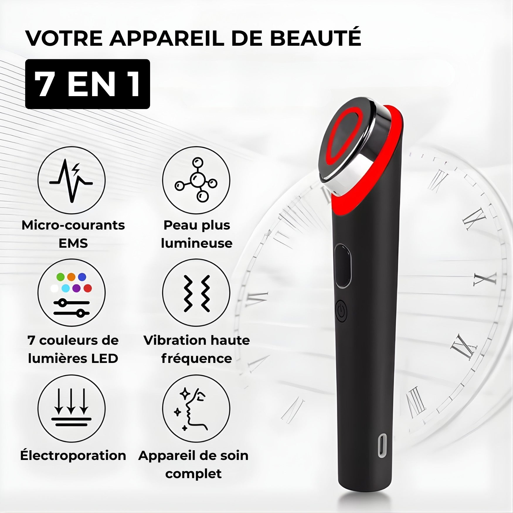 Appareil de beauté 7 en 1 combinant micro-courants EMS, lumières LED, vibration haute fréquence et électroporation pour rajeunir la peau