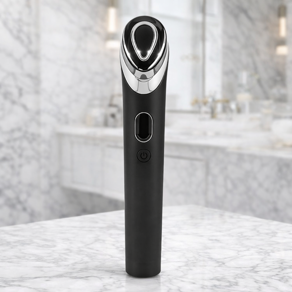 Appareil EMS lifting visage avec lumières LED posé dans une salle de bain en marbre, design premium pour soin anti-âge à domicile