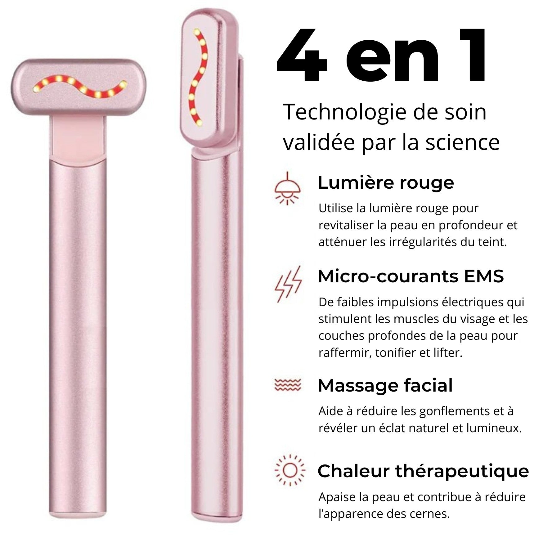 Appareil lifting visage 4 en 1 avec microcourants EMS et lumière rouge pour raffermir la peau et réduire les rides