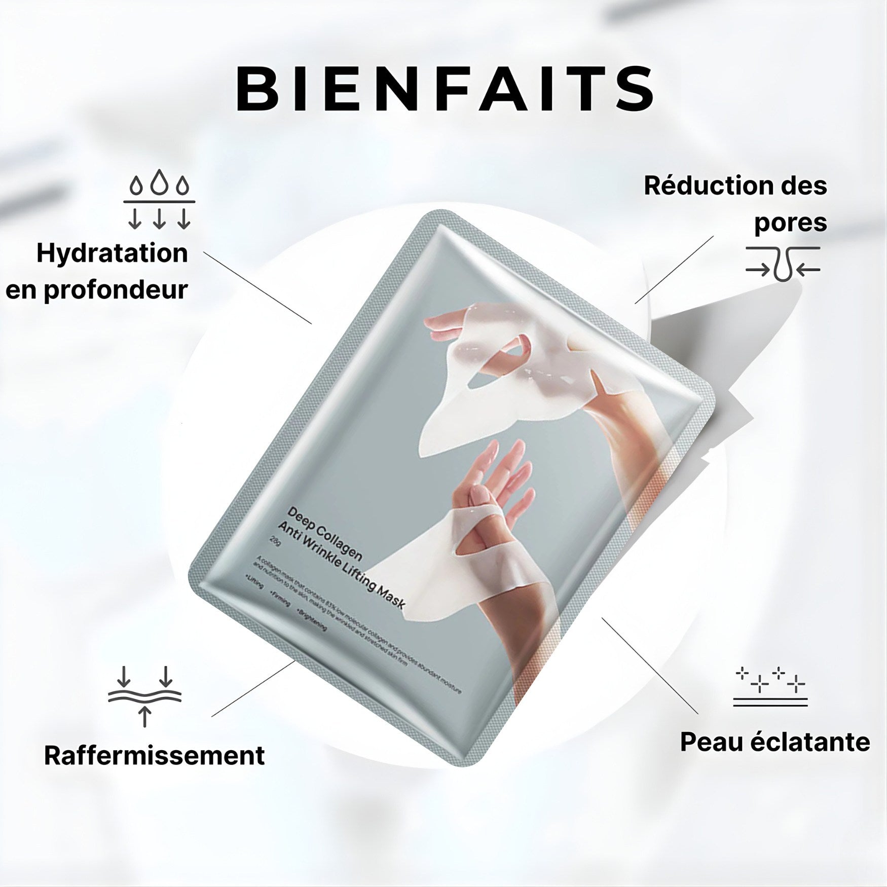 Masque visage liftant avec effet anti-rides immédiat et amélioration de l’élasticité.