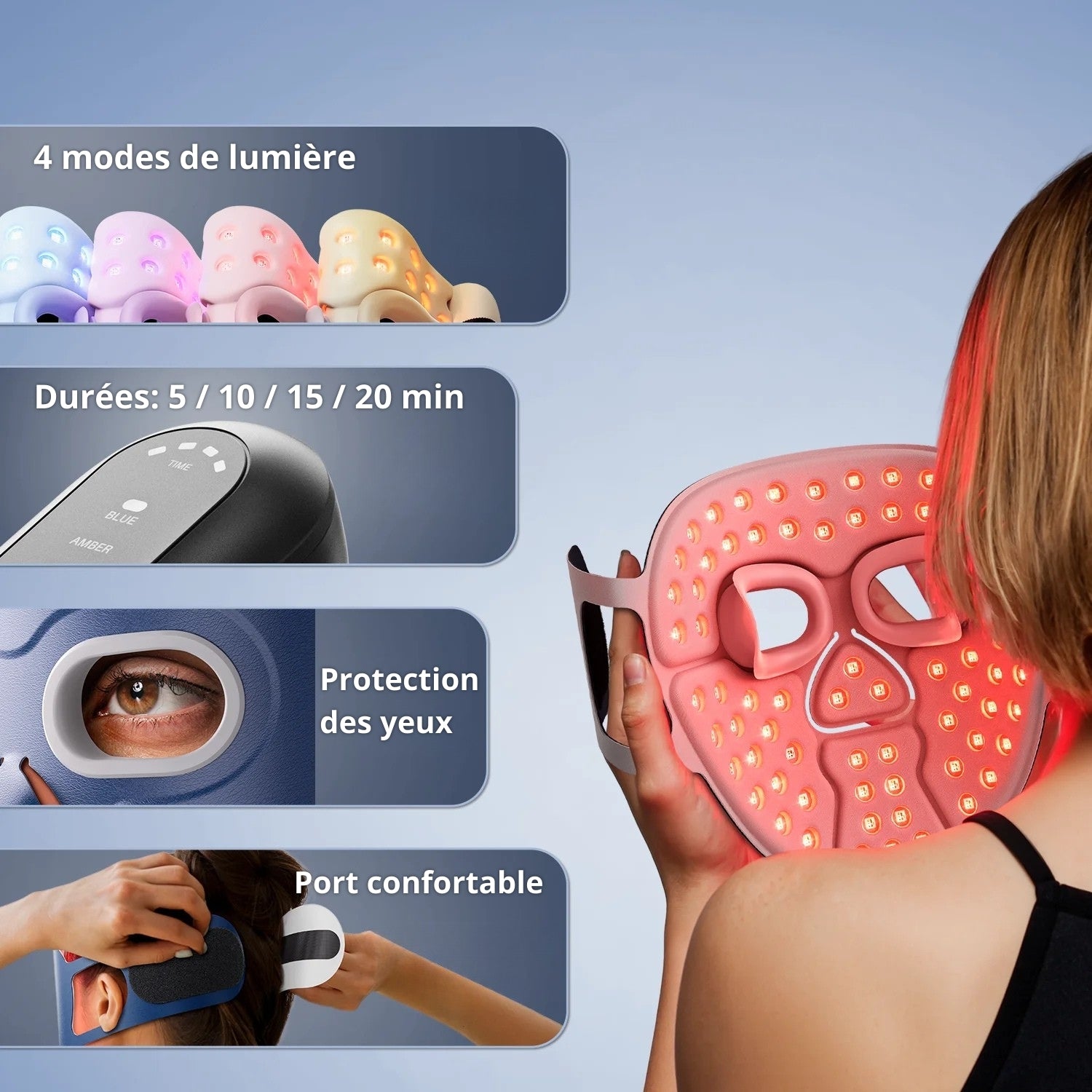 Masque LED visage avec 4 modes de lumiere pour soins de la peau