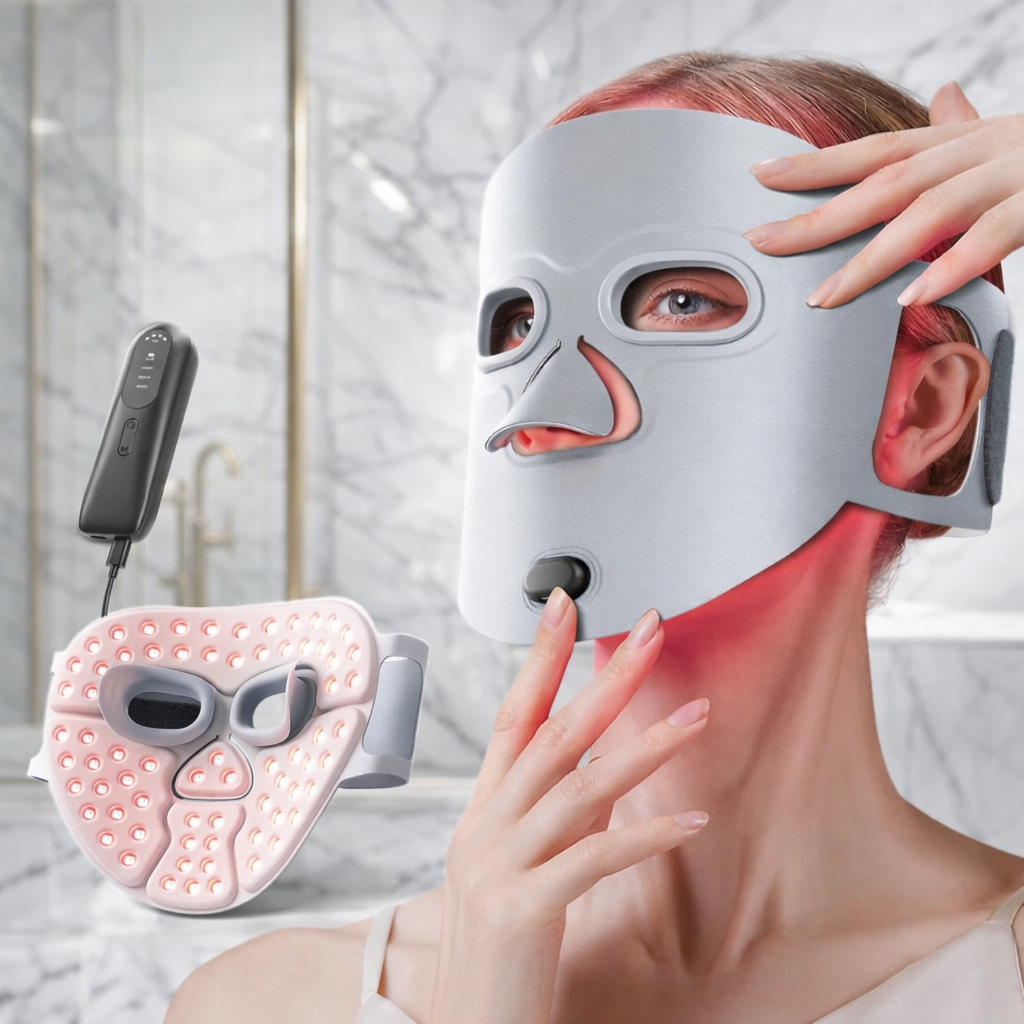 Masque LED visage de luminothérapie 4 couleurs porté par une femme dans une salle de bain en marbre, soin anti-âge et éclat de la peau à domicile