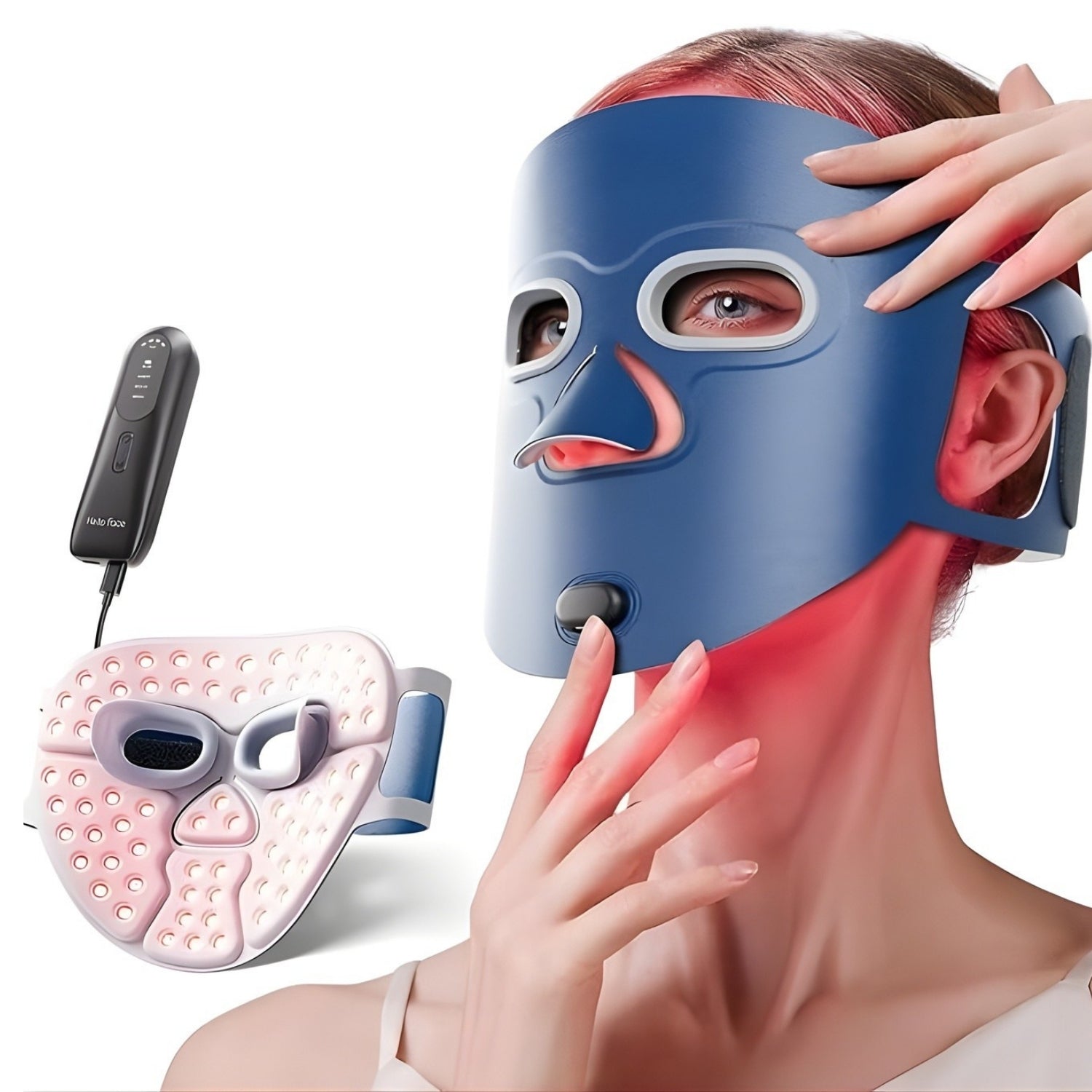 Masque LED visage porte sur le visage pour un soin luminotherapie a domicile