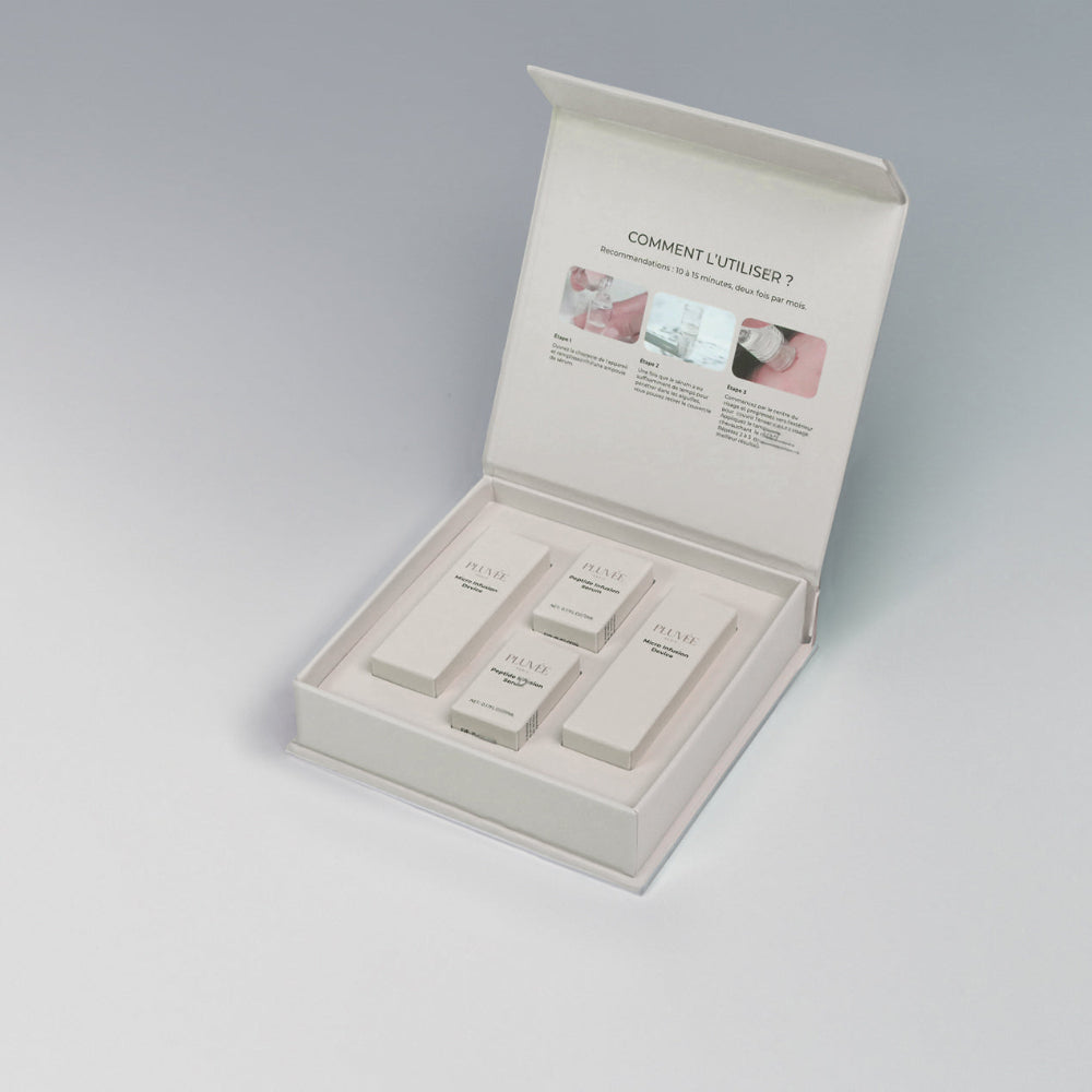 Packaging du Micro-Infusion Système Pluvée Paris – dispositif anti-âge micro-perforant avec flacons de sérum pour raffermir et lisser la peau.