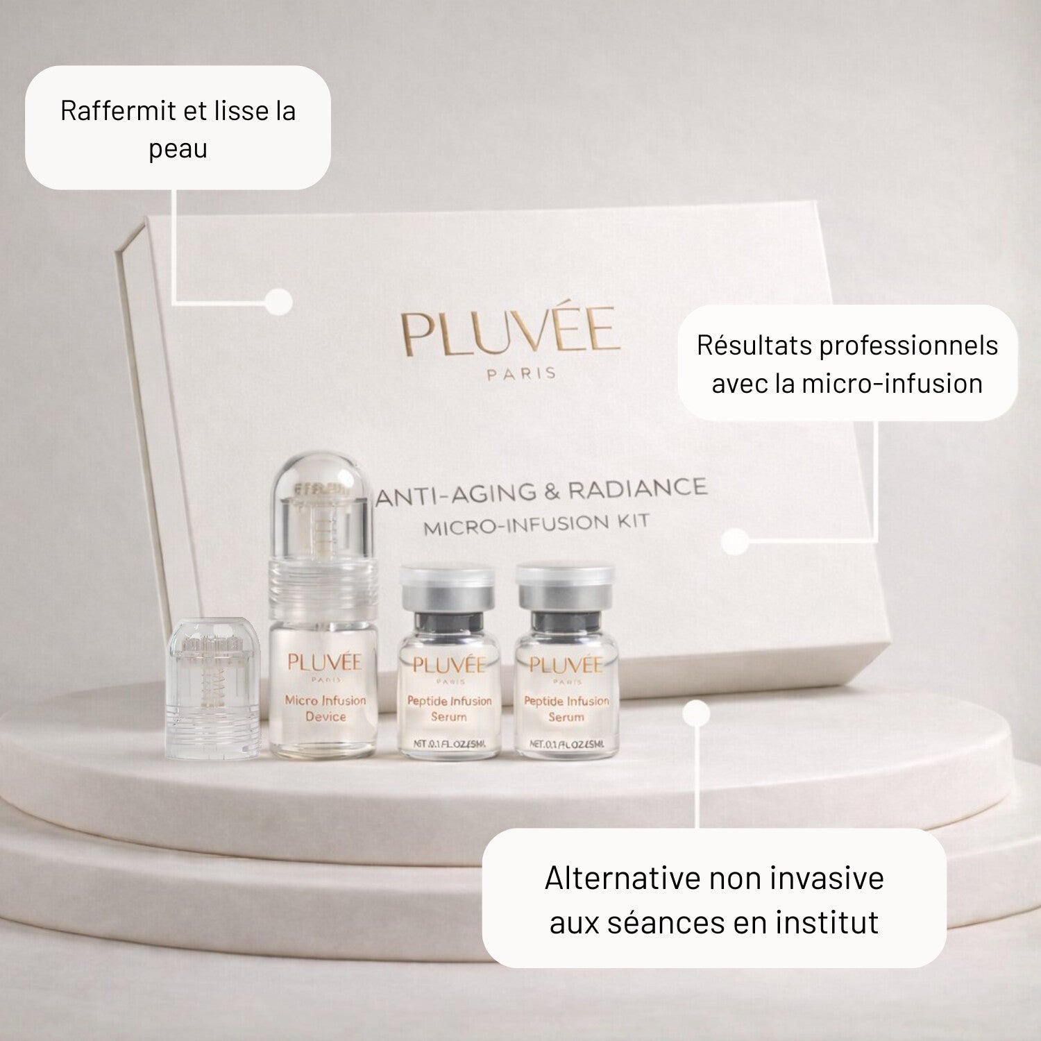 Système de micro infusion visage Pluvée Paris présenté avec ses bénéfices anti-âge pour une peau visiblement rajeunie