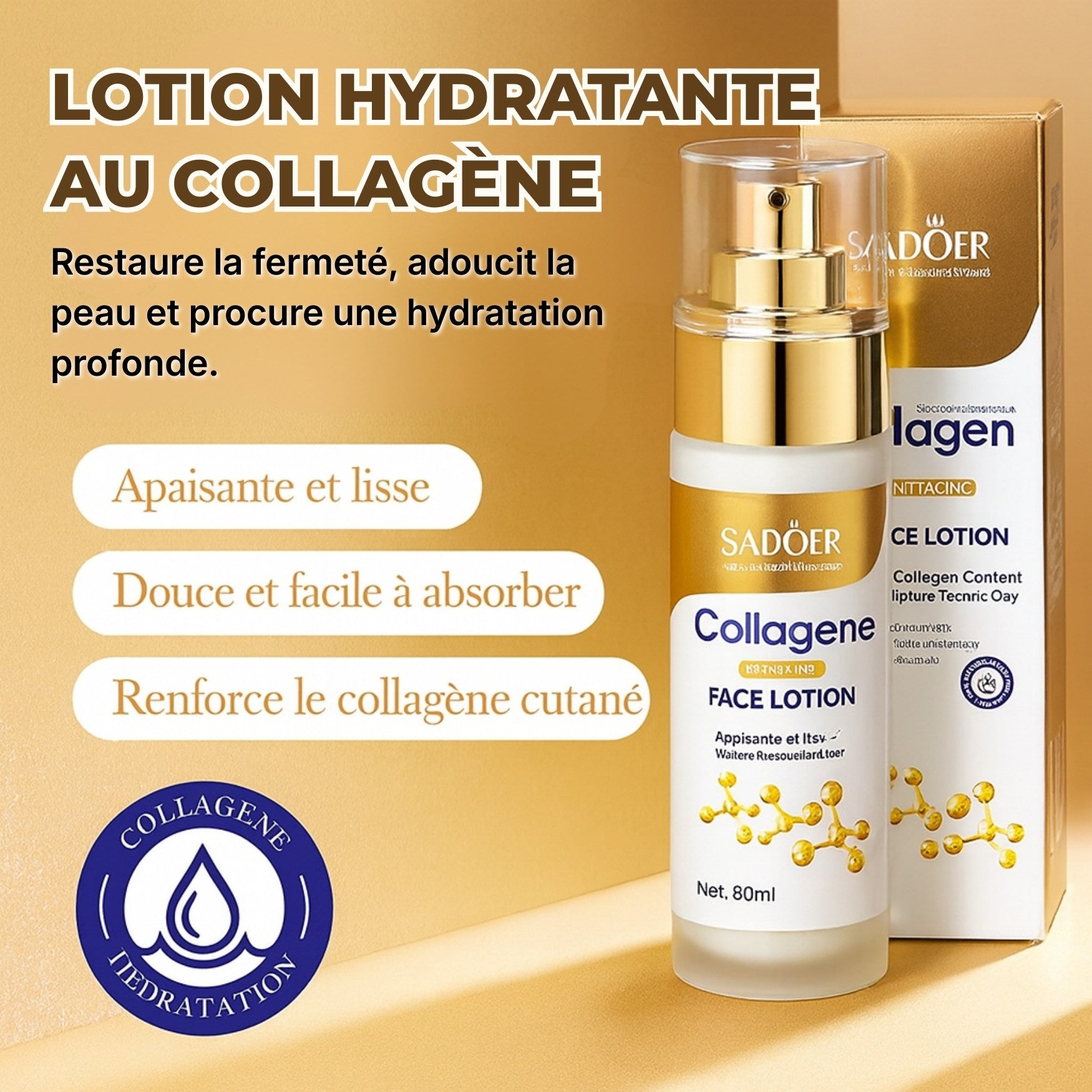 Application du sérum visage SADOER Collagen pour une absorption rapide et efficace