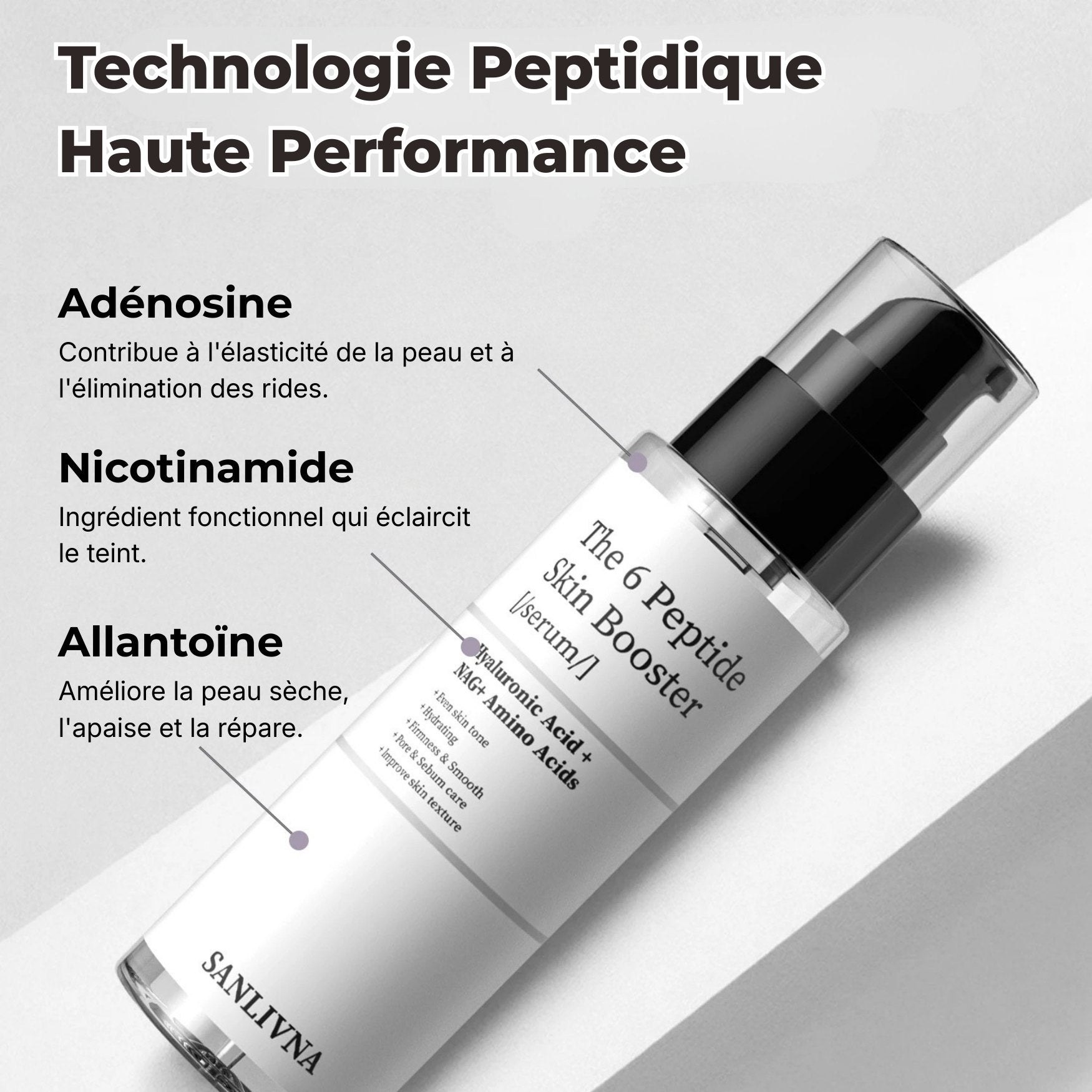 Ingrédients du sérum 6 peptides : adénosine, nicotinamide et allantoïne pour raffermir et apaiser la peau