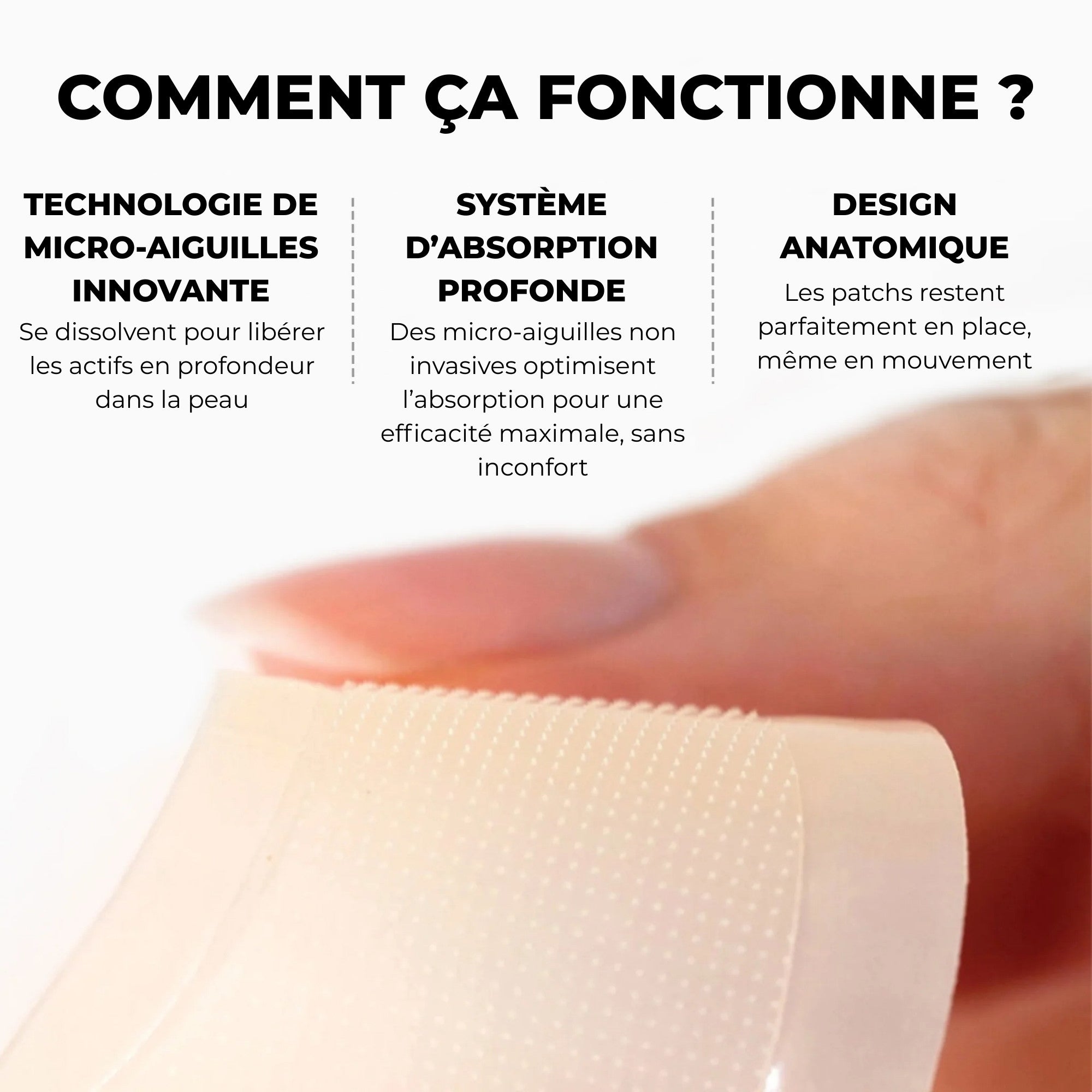 Présentation des principaux bénéfices des patchs yeux micro infusion : hydratation profonde, lissage et confort.