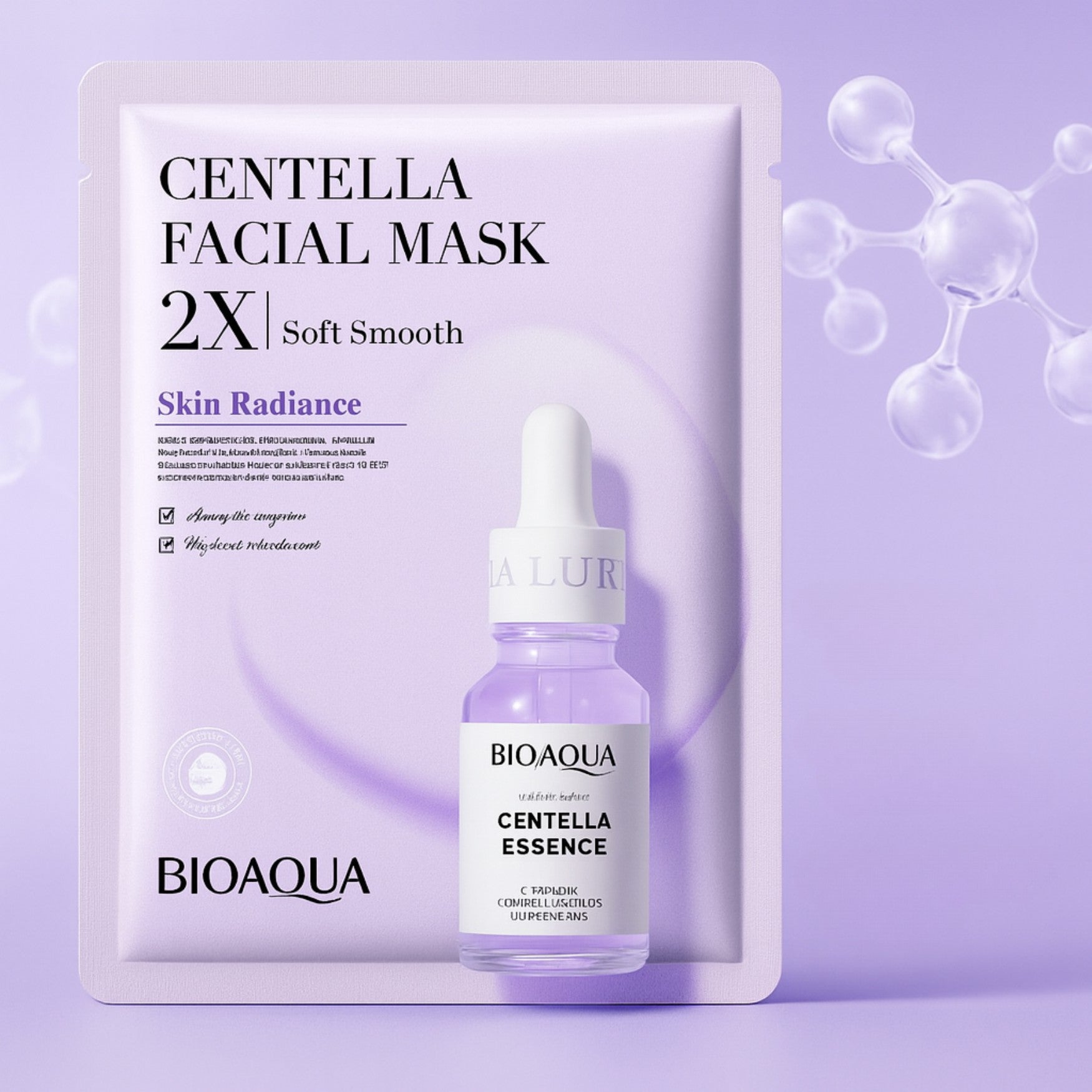 Masque facial BIOAQUA à l’extrait de Centella Asiatica, apaisant et lissant, packaging violet.