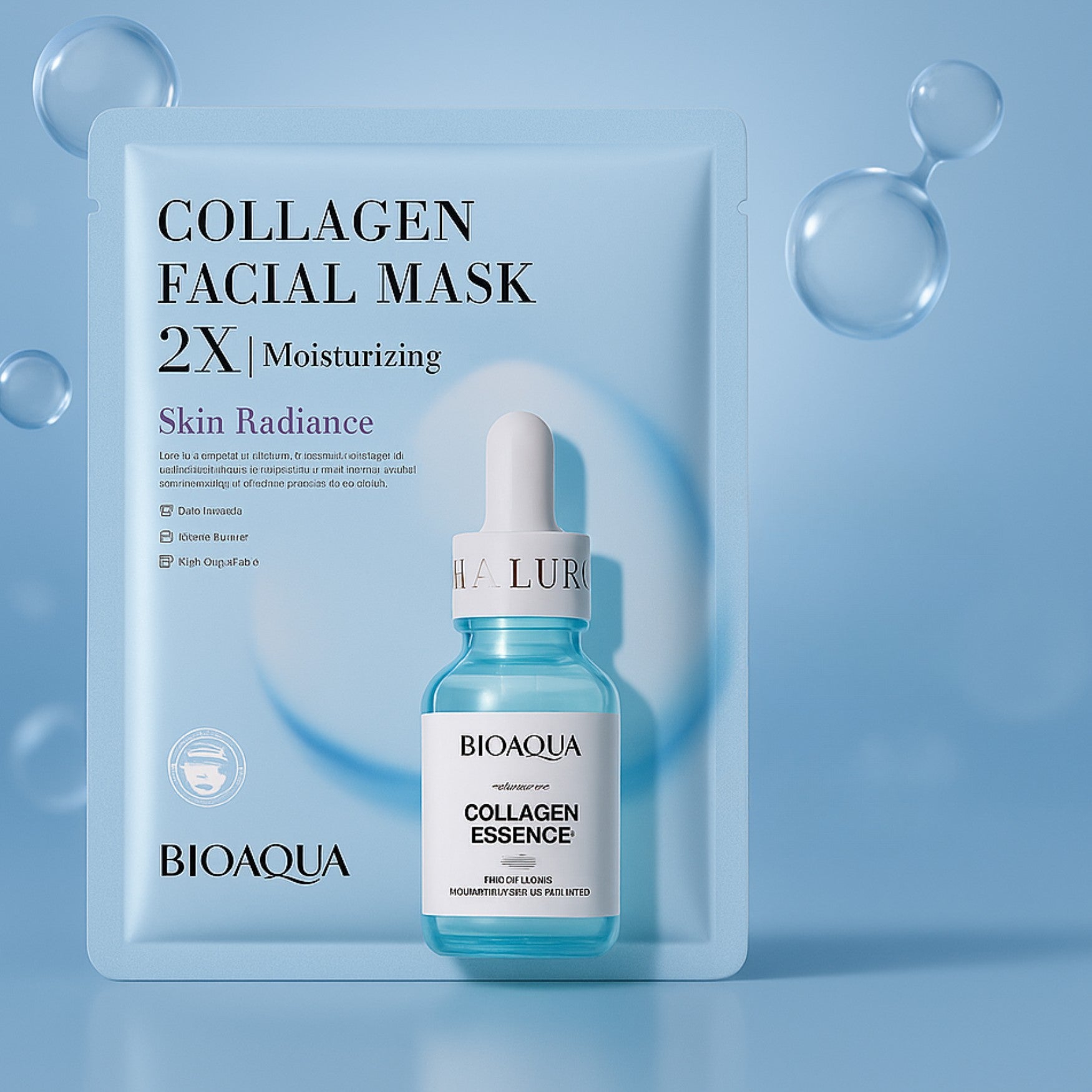 Masque facial BIOAQUA au collagène, hydratant et raffermissant, présenté dans son packaging bleu.