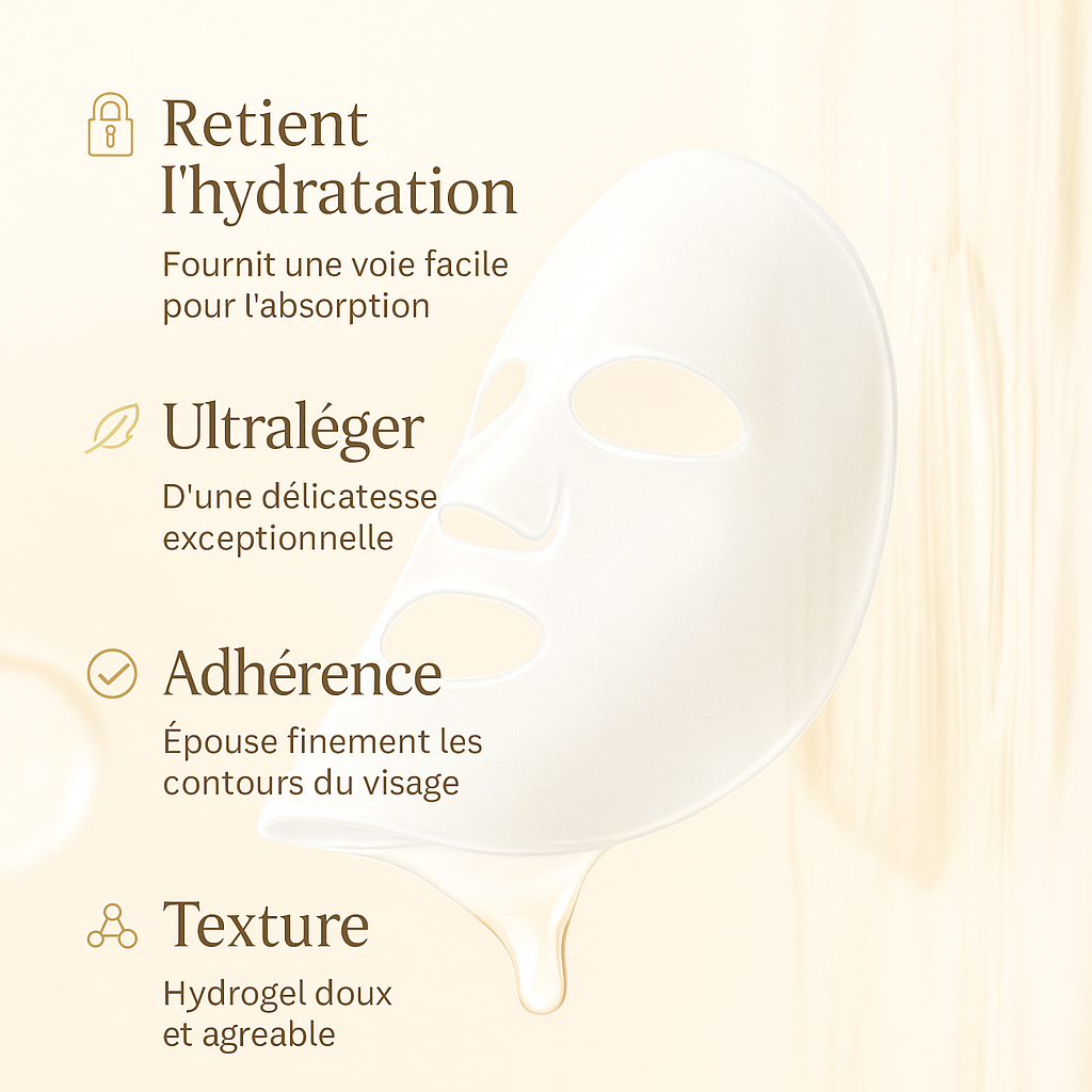 Image premium des masques BIOAQUA avec molécules en arrière-plan, mettant en avant les bienfaits hydratants et anti-âge.