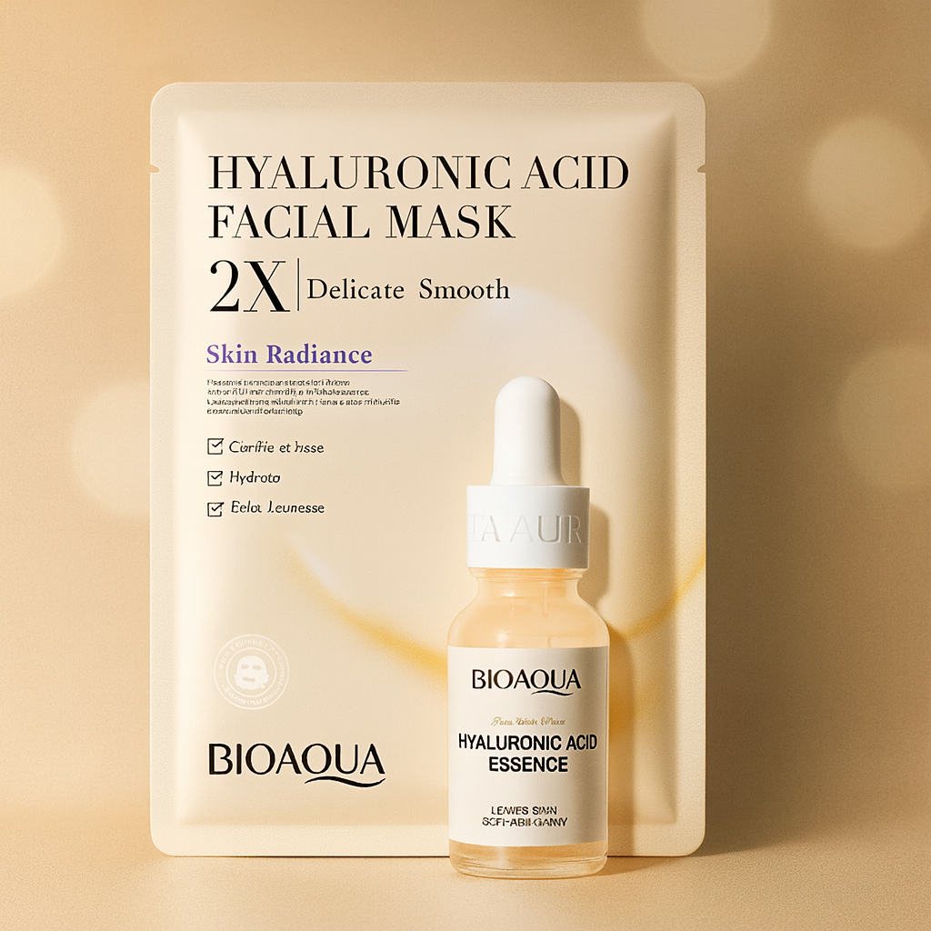 Masque facial hydratant BIOAQUA à l’acide hyaluronique, pour peau douce et souple, packaging beige.