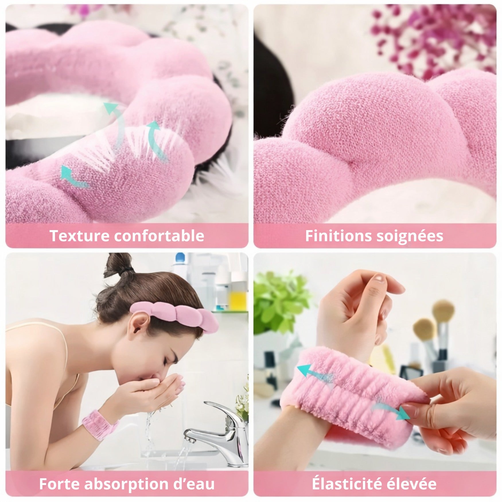 Détails des accessoires beauté rose montrant le tissu en coton, la finition soignée, la forte absorption d’eau et l’élasticité pour la routine skincare