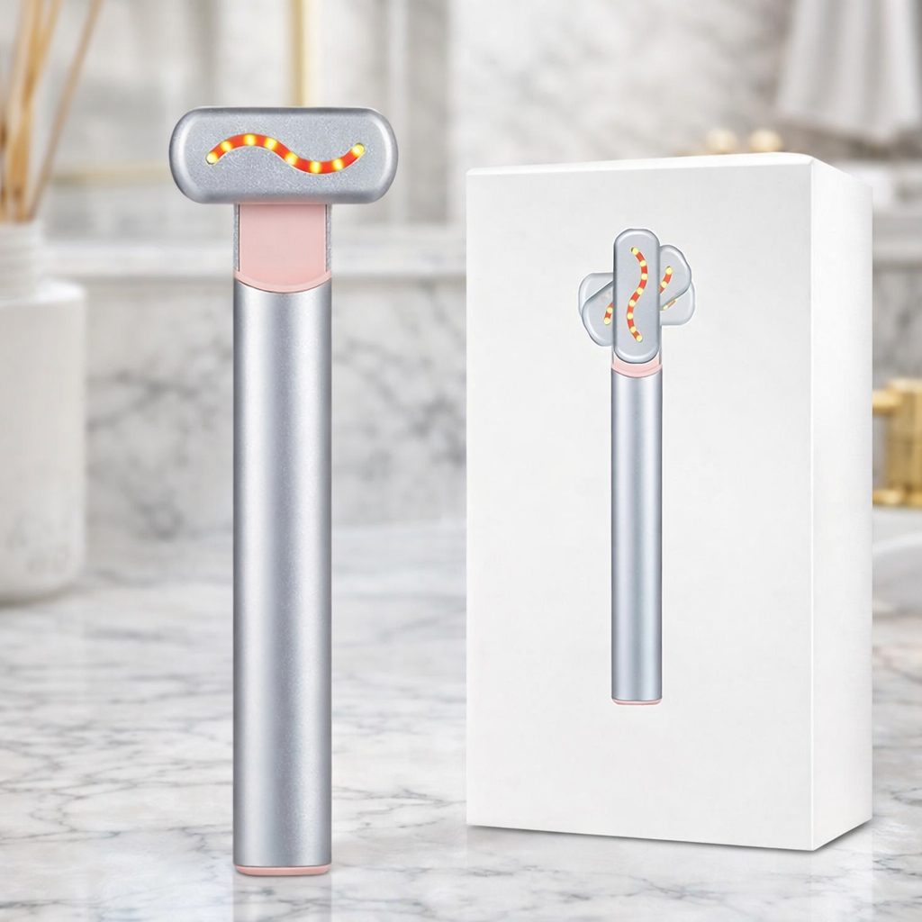 Appareil lifting visage EMS avec lumière rouge présenté dans un packaging premium élégant couleur argent