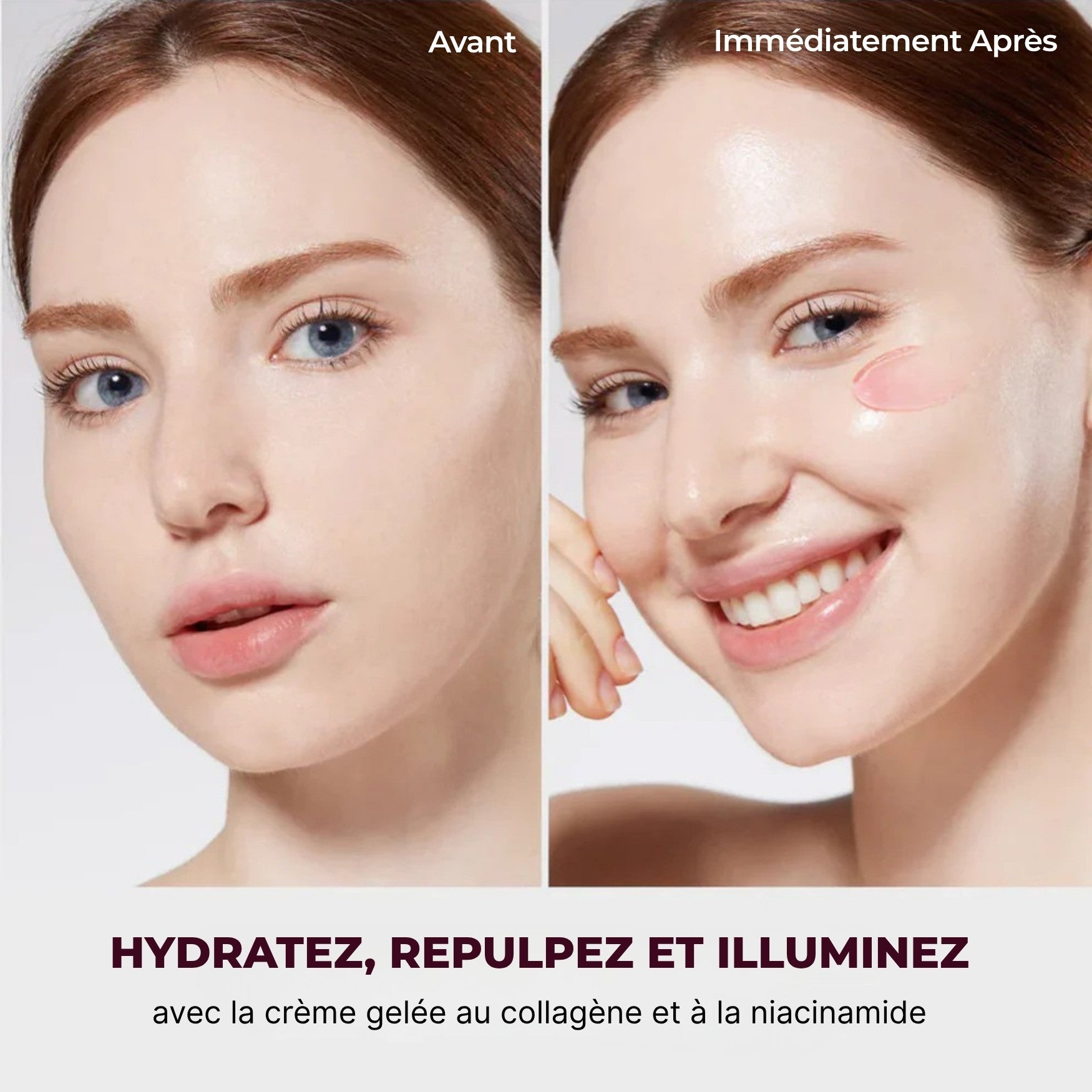 Résultats avant après de la crème au collagène et niacinamide pour peau plus ferme