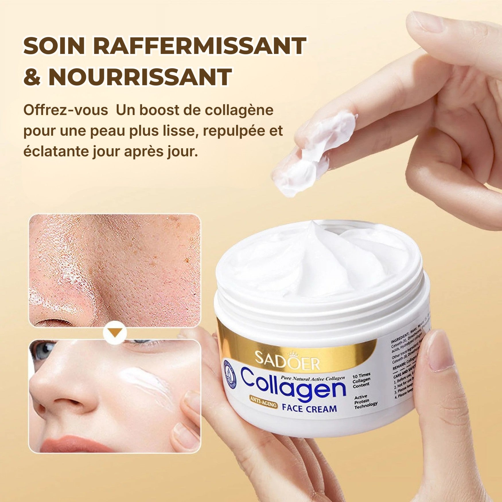 Texture crémeuse et hydratante de la crème visage au collagène SADOER