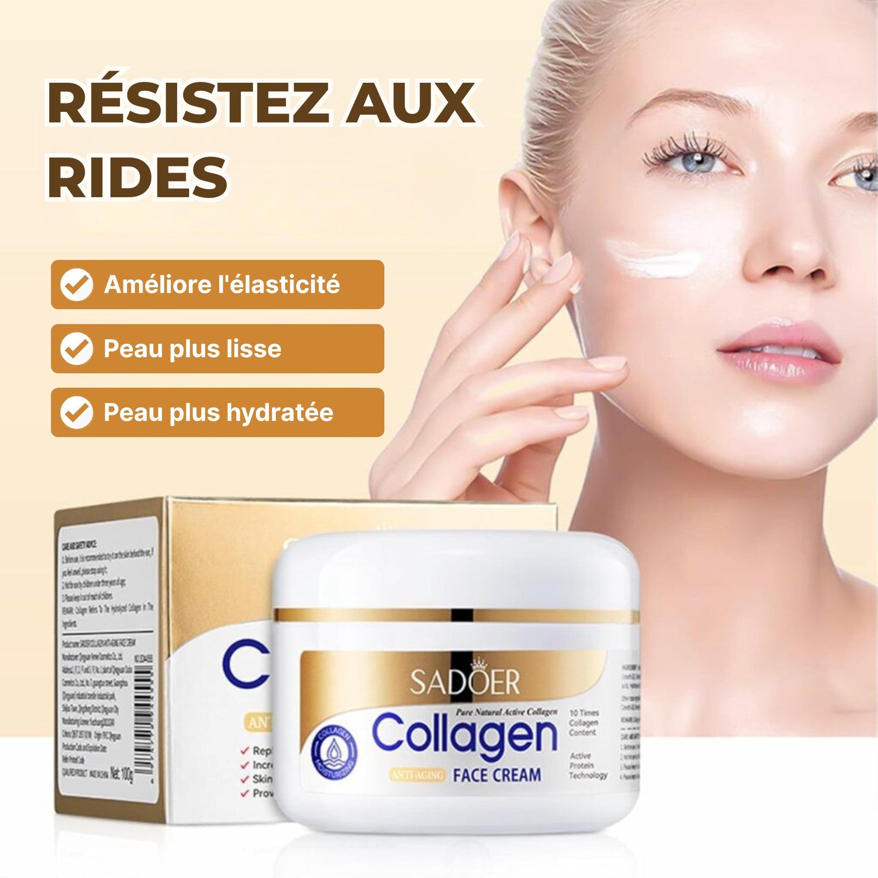 Application de la crème au collagène SADOER sur la peau pour hydrater et raffermir