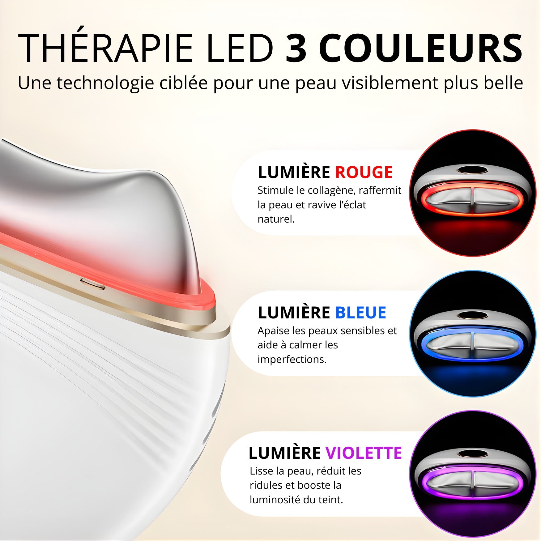 Appareil gua sha électrique avec thérapie LED rouge bleue et violette pour soin du visage anti-âge et éclat de la peau