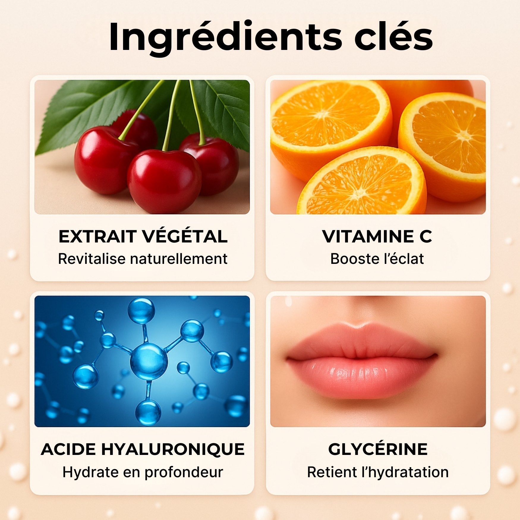 Ingrédients du masque lèvres vitamine C avec extraits de fruits, hydratation et réparation intense
