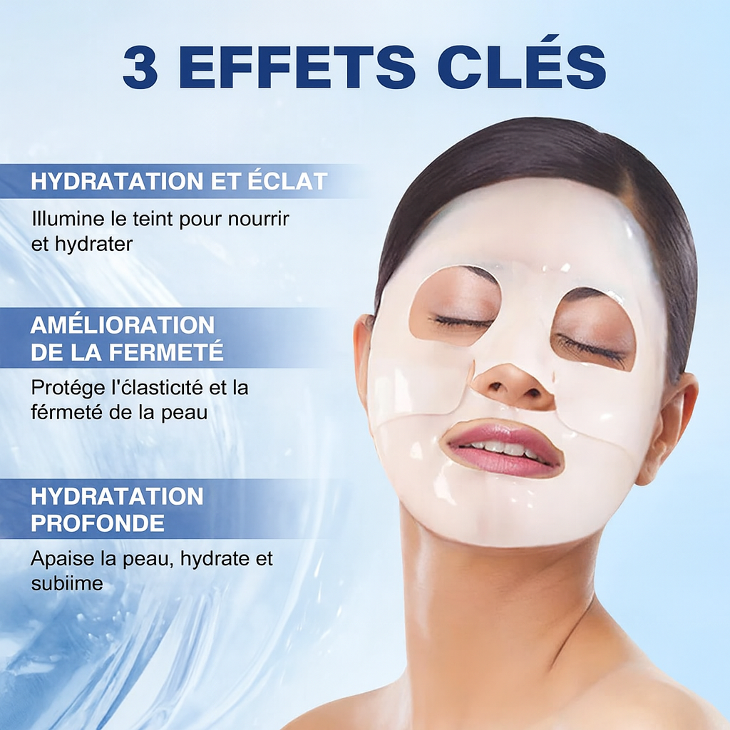 Femme appliquant un masque au collagène liftant anti-rides pour hydrater et raffermir la peau.