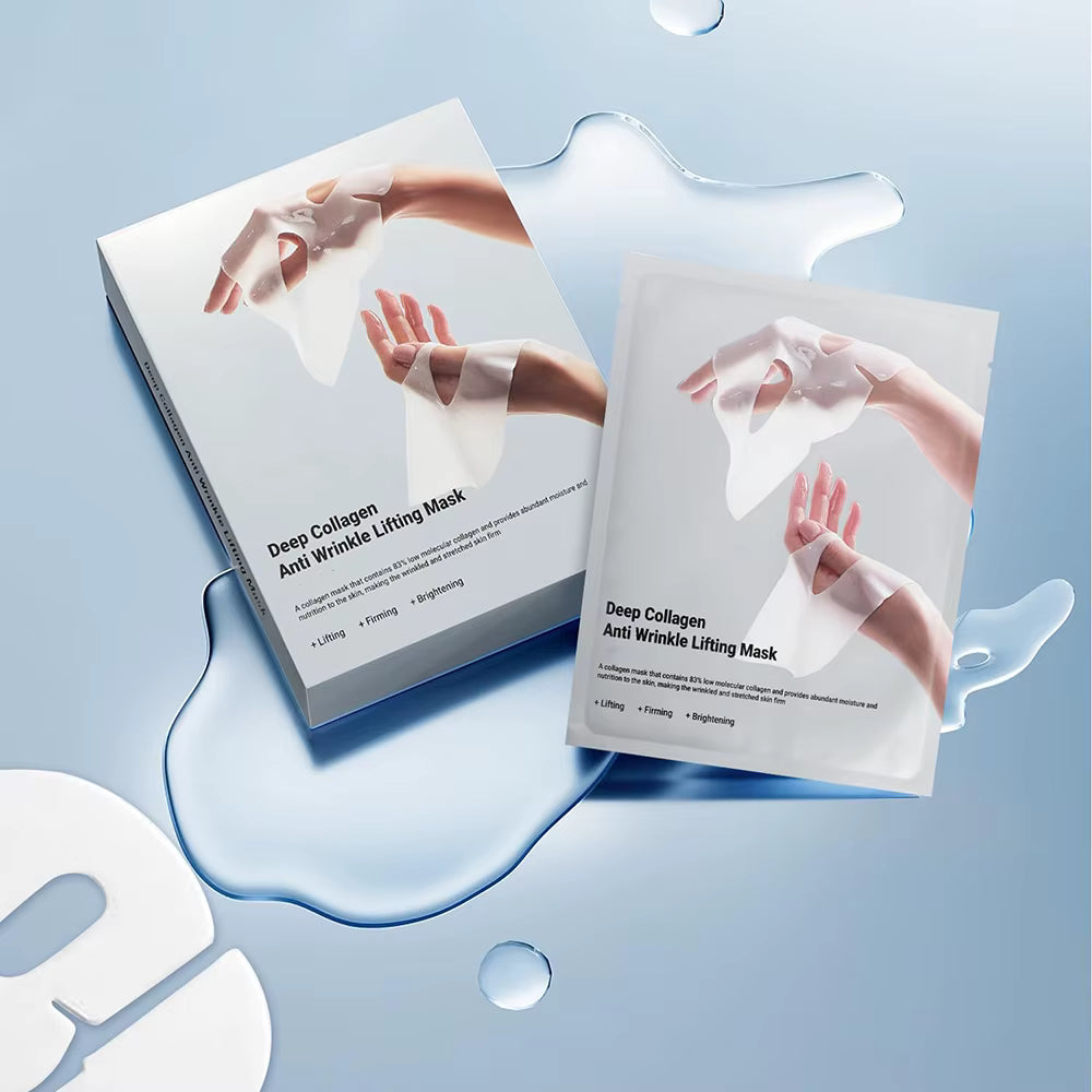 Packaging du masque liftant anti-rides au collagène et sachets individuels pour hydratation profonde et effet raffermissant.
