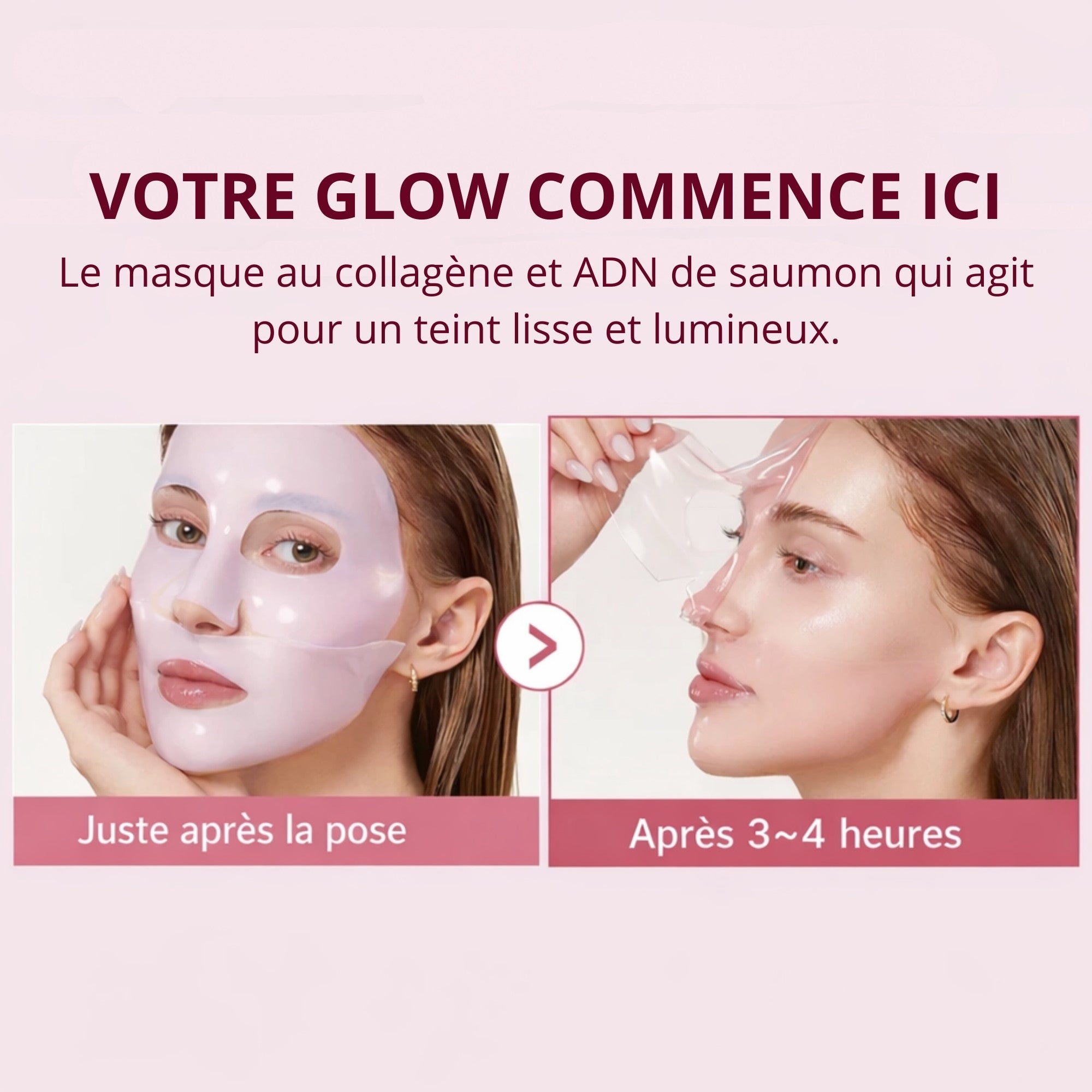 Avant après du masque au collagène ADN de saumon PDRN pour peau plus lisse et lumineuse
