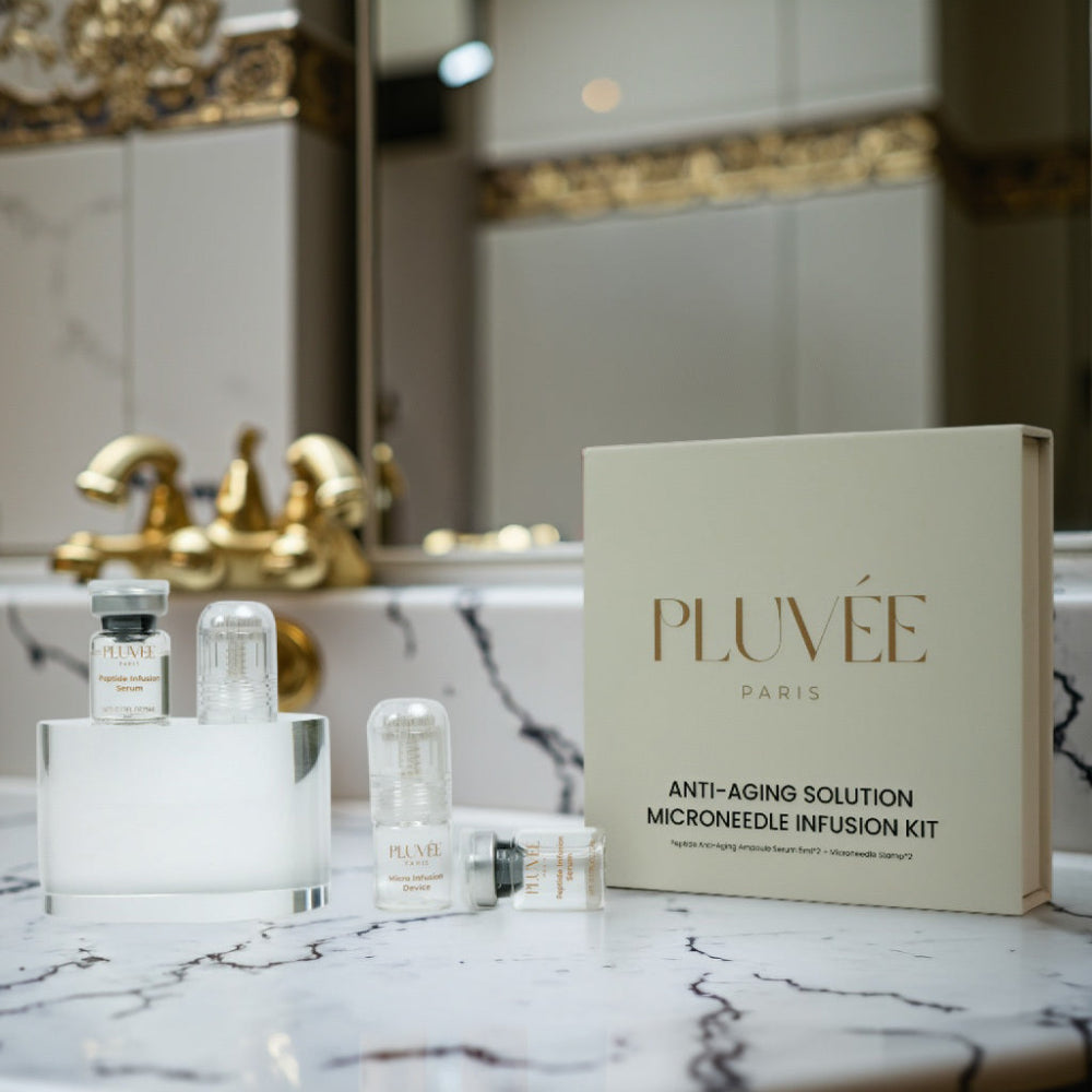 Ensemble micro-infusion Pluvée Paris présenté sur fond esthétique premium