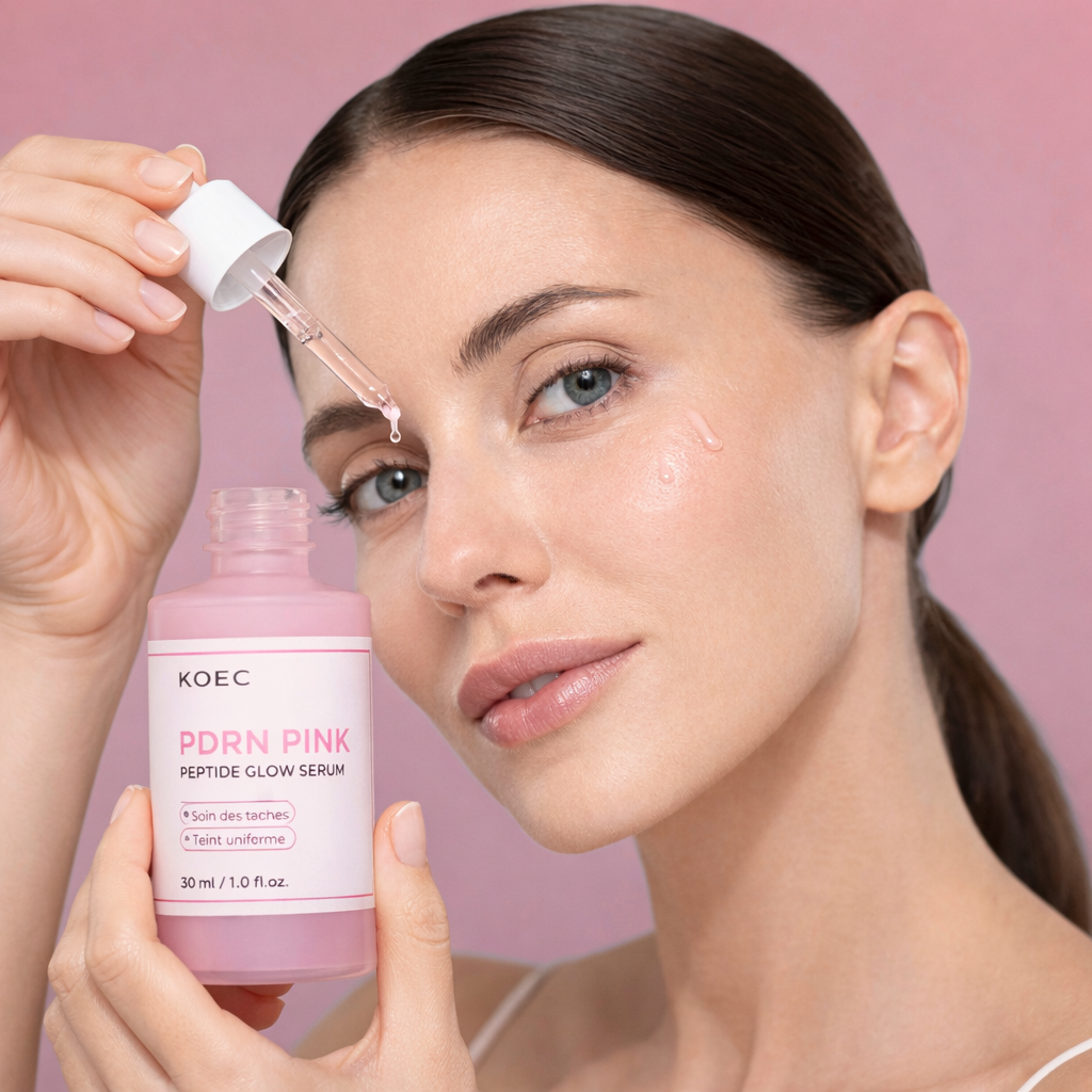 modele a la peau lumineuse apres utilisation du serum rose pdrn peptides koec