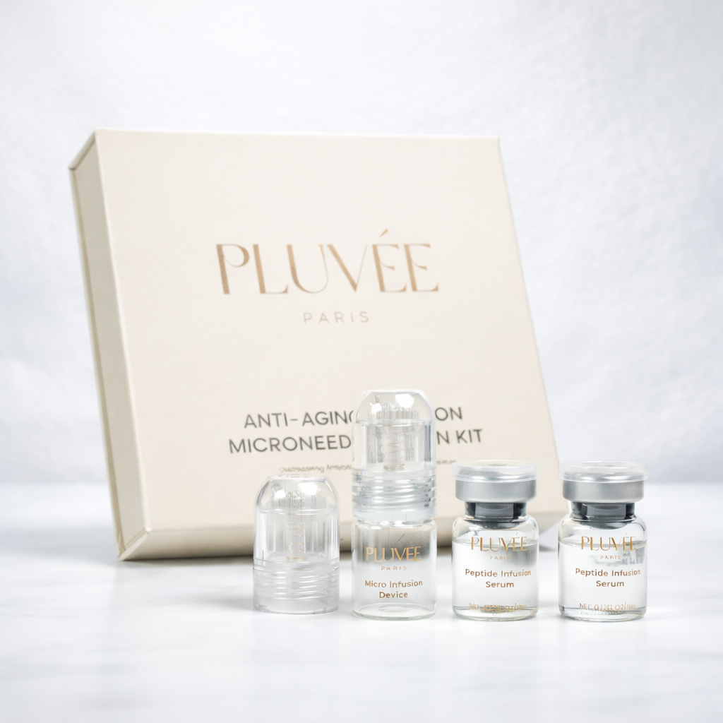 Kit de micro infusion visage Pluvée Paris avec sérums anti-âge et dispositif microneedling pour une peau lisse, ferme et lumineuse
