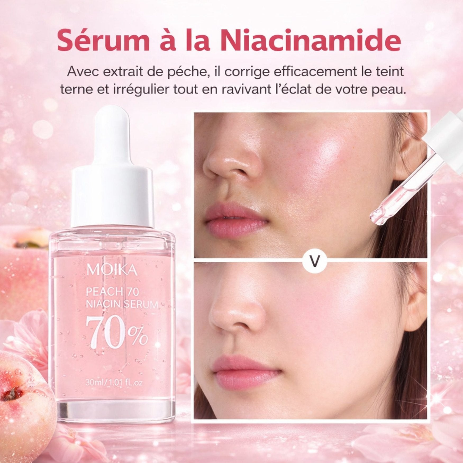 Résultat avant après du sérum niacinamide à la pêche sur le teint et la luminosité de la peau