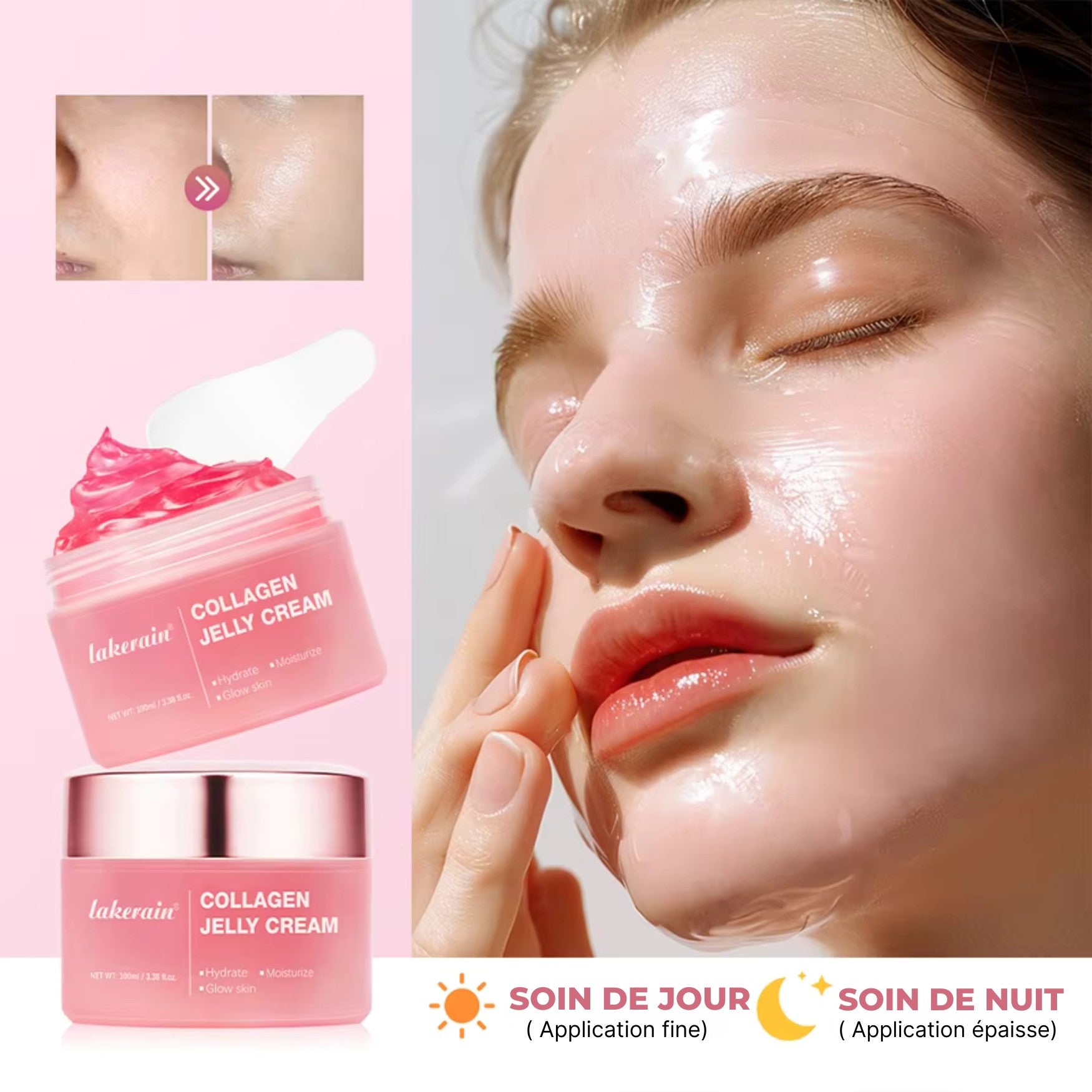 Crème gelée au collagène utilisable le jour en couche fine et la nuit en couche épaisse pour un effet repulpant
