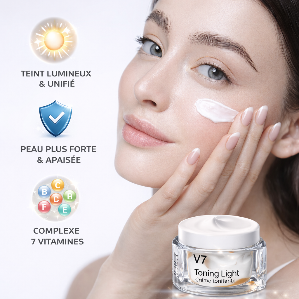Application de la crème tonifiante V7 sur le visage pour un teint lumineux, une peau lisse et hydratée