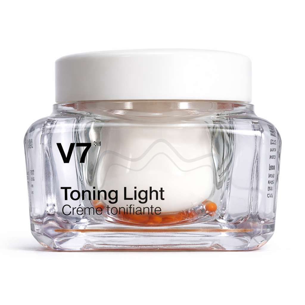 Crème tonifiante V7 en pot de verre transparent, soin visage éclaircissant et unifiant au niacinamide
